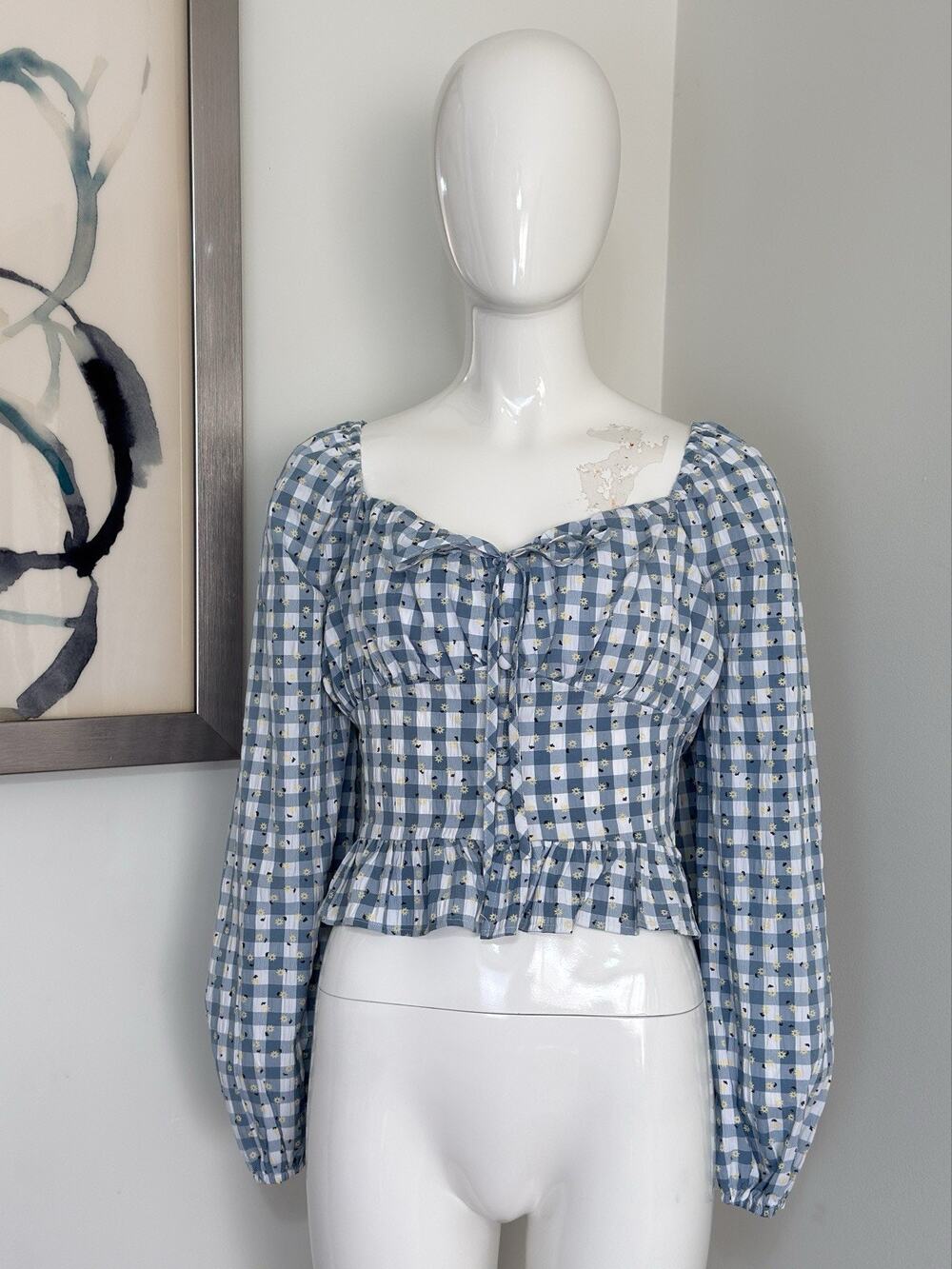 Rose And Grey Womens Cottagecore Gingham Peasant Crop Top Long Sleeve Size M